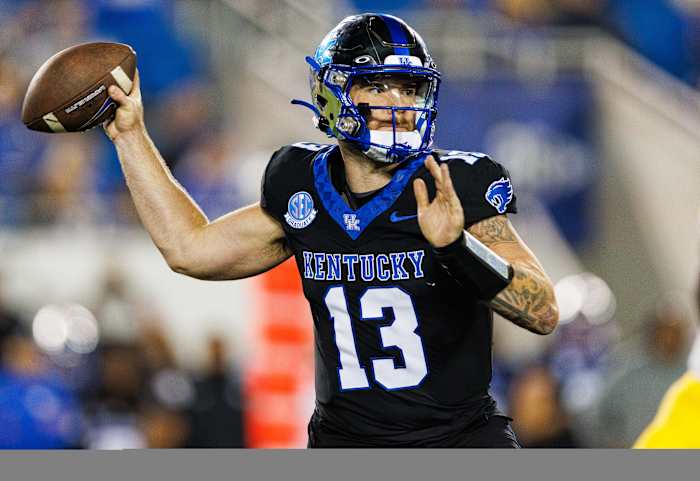 Oct 14, 2023; Lexington, Kentucky, USA; Kentucky Wildcats quarterback Devin Leary (13) throws a pass during the second quarter against the Missouri Tigers at Kroger Field. Mandatory Credit: Jordan Prather-USA TODAY Sports